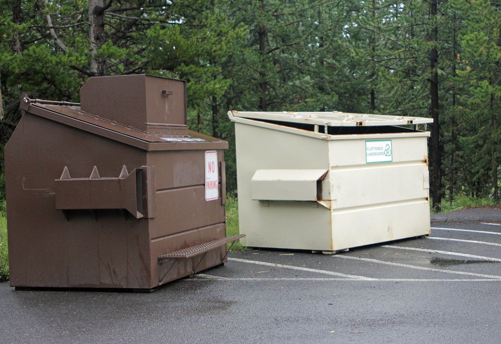 Bridge Bay Campground dumpster & cardboard recyling bin — illustrating dumpster rental frisco